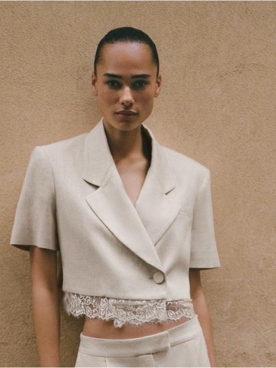 Zara Jackets & Blazers - Lace-Hem Short Sleeve Blazer Jacket - Cream